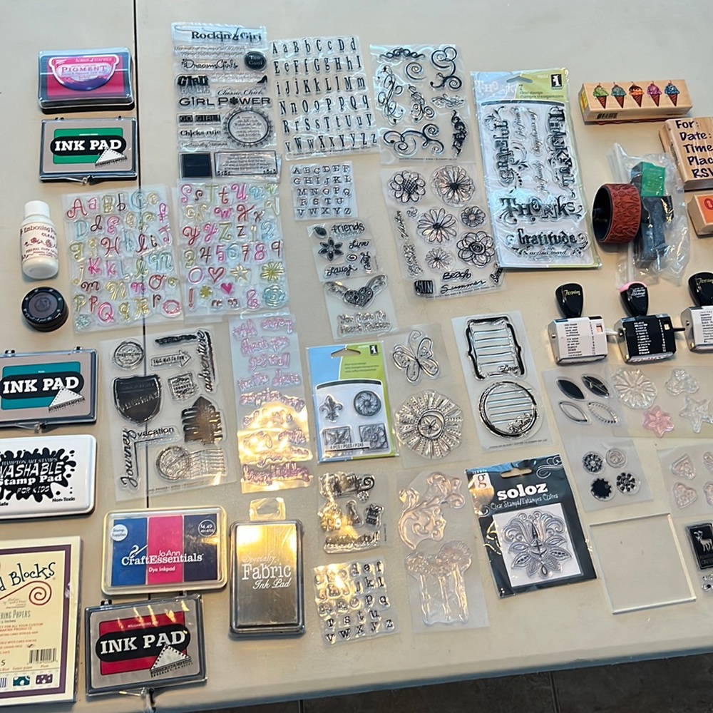 HUGE Set of clear stamps, rubberstamps, ink pads for crafting and card making